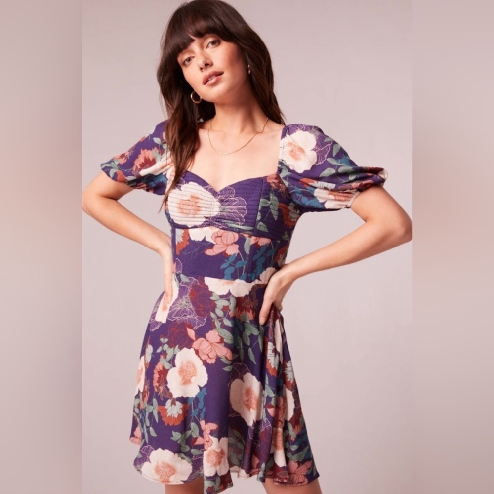 Band of Gypsies Band of The Free Purple Ivory Floral Quilted Puff Sleeve Mini